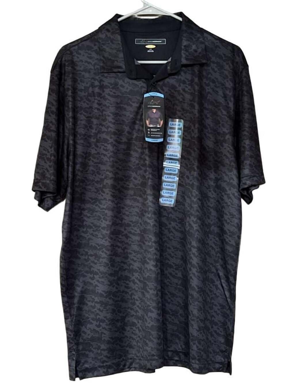 Greg Norman Play Dry Golf Polo Size L Black Camo Shark Print